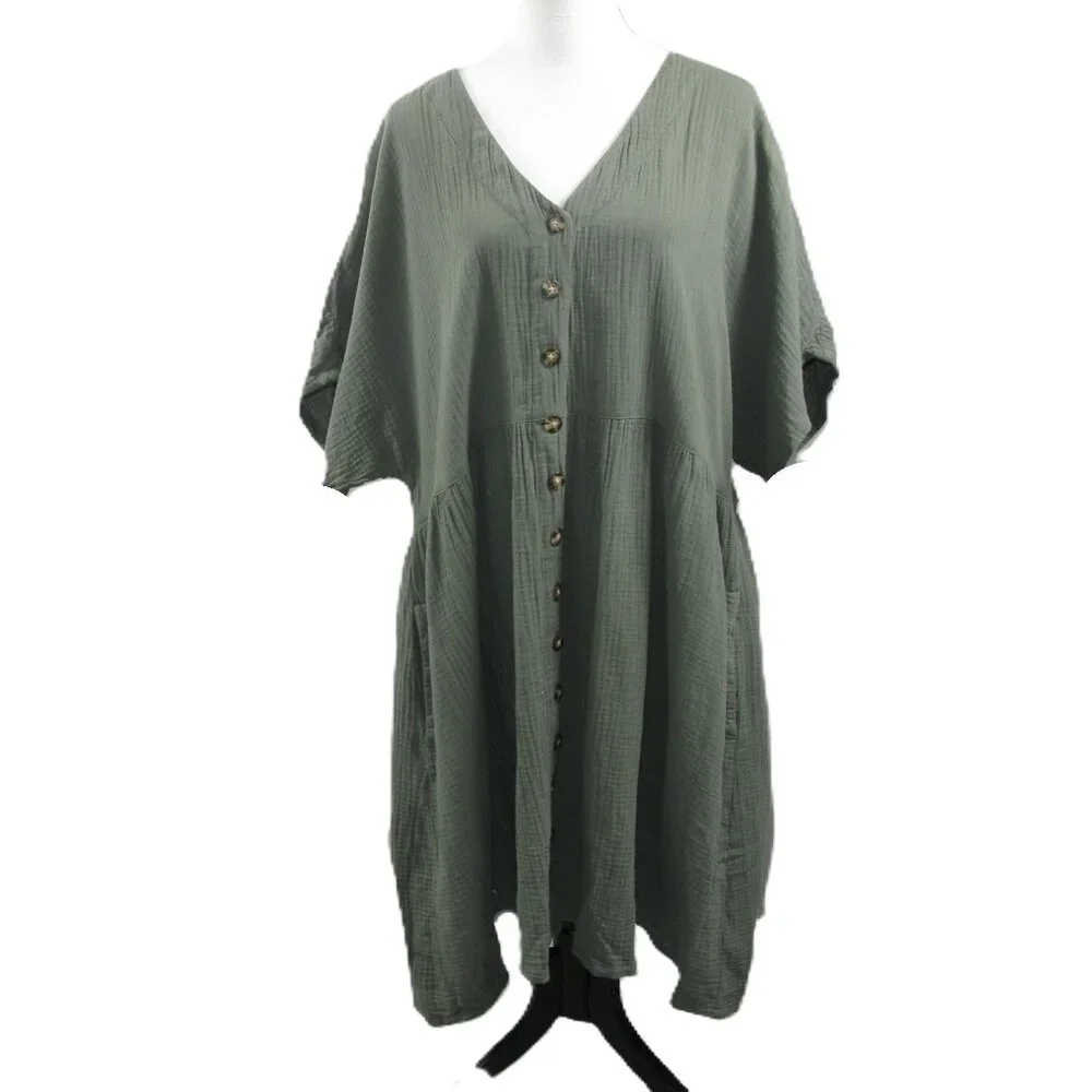 Madewell Green Button Front 100% Cotton Short Sleeve Dress Size 3X - Picture 1 of 6